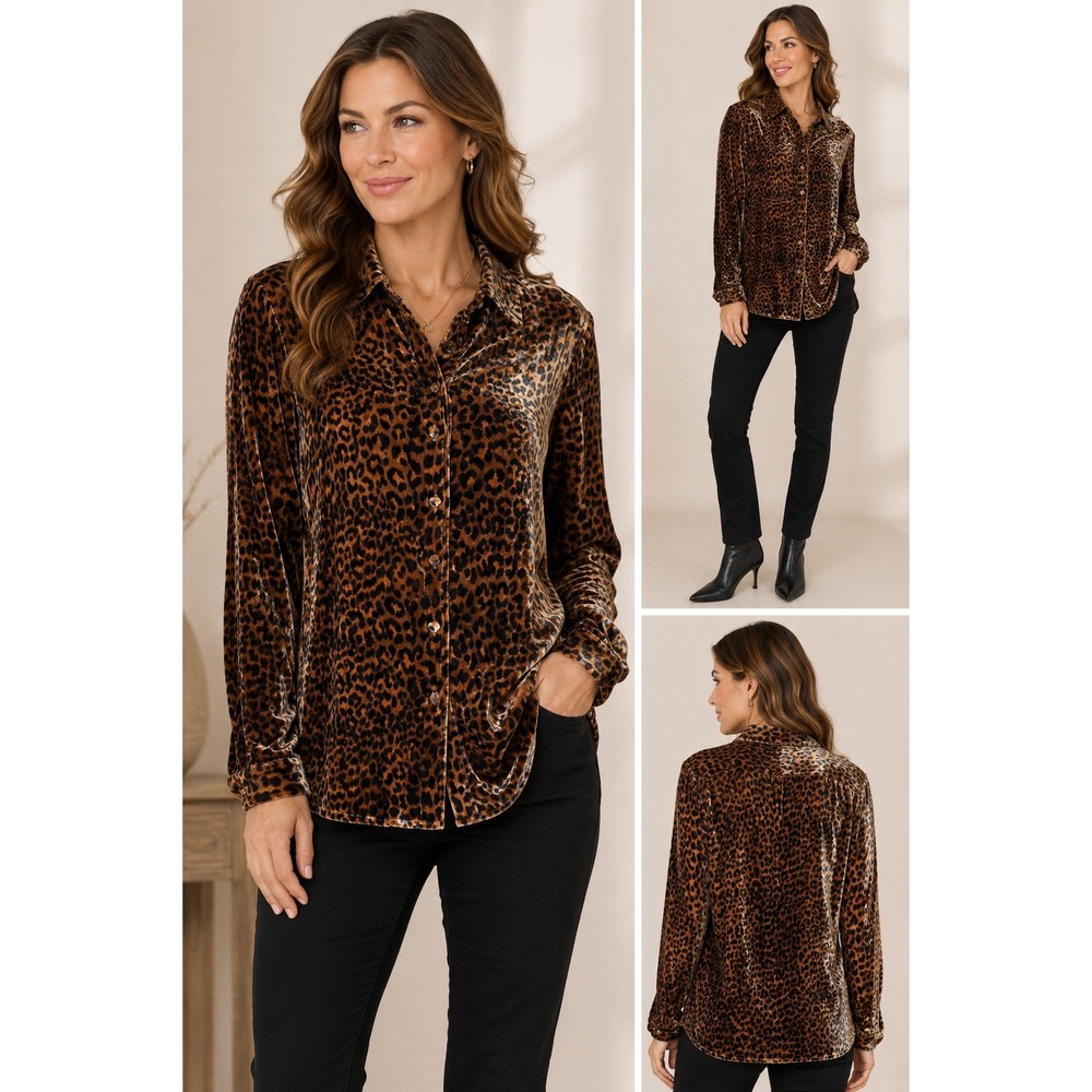 Soft Surroundings Silk Blend Velvet Leopard Print Button Front Shirt Womens XS